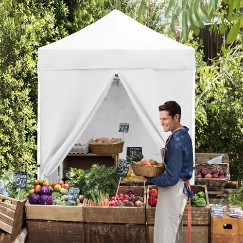 EAGLE PEAK 5x5 Instant Canopy with 4-Side Wall Panels, Small Pop up Portable Canopy Tent with Carry Bag, Light Weight Sun Shelter for Sports, Camping and Beach, White - color: White