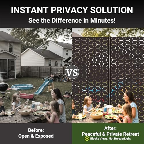 6FT Metal Privacy Screen Outdoor – Decorative Laser Cut Privacy Fence Panel for Patio, Deck & Garden, Rustproof Steel Privacy Divider, Modern Geometric Design, Freestanding Outdoor Privacy Screen - color: Black Hexagon