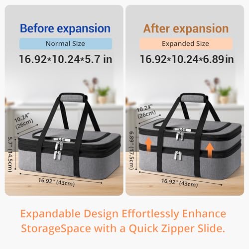 Double Insulated Casserole Carrier - Portable Casserole Carriers for Hot or Cold Food Lunch Tote Warmer or Cooler Bag for Potluck Parties Picnic Cookouts, Fits 9" x 13" Baking Dish - Grey - color: Gray
