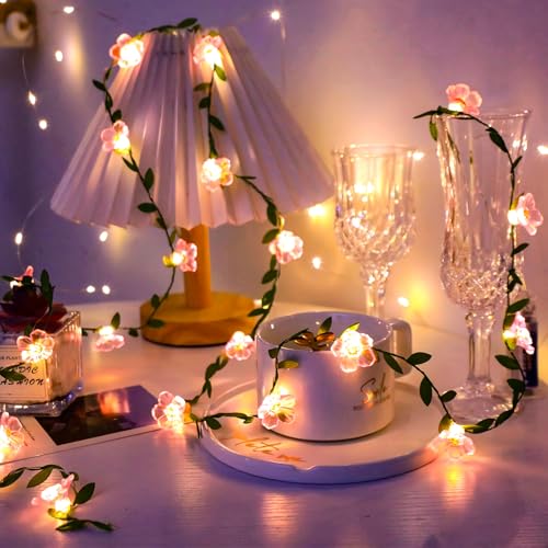 Fairy Flower Leaf String Lights, USB Plug in 16.5ft 50 LED Decorative Pink Cherry Blossom Vine for Girl's Bed Room Window Wall Wedding Birthday Party Christmas Hanging Indoor Decorations - color: Pink Flower Vines