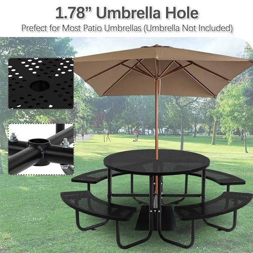 46-inch Black Round Outdoor Picnic Table with Umbrella Hole - Heavy Duty Coated Steel Metal Patio Dining Set for Garden, Courtyard, BBQ & Commercial Use - color: Black-round