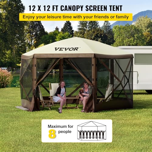 VEVOR 12 * 12ft 6 Sided Pop-up Canopy Shelter Tent with Mesh Windows, Portable Carry Bag, Stakes, Large Shade Tents for Outdoor Camping, Lawn and Backyard, Brown/Beige - color: Brown, size: 12x12 ft