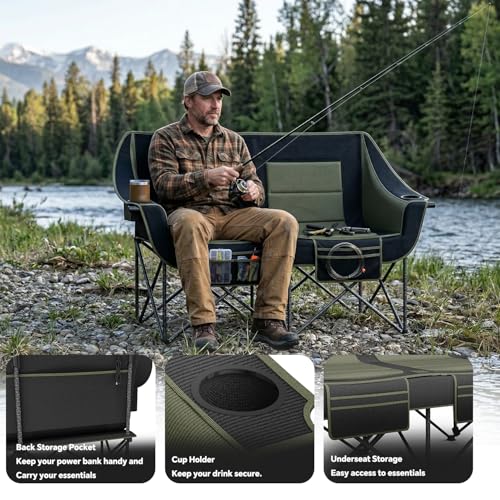 Heavy Duty Double Camping Chair with Padded Camping Loveseat – Oversized 2 Person Folding Camping Chair for Adults,Portable Camping Sofa with Cup Holders & Carry Bag for Outdoor Lawn, Beach or Patio