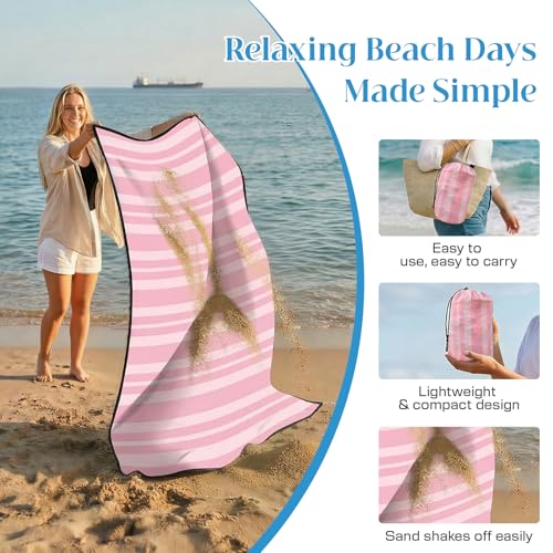 OIGAE Family Beach Blanket, 7×8 ft Sand-Free Picnic Mat for 1–4 People, Quick-Dry Lightweight Outdoor Blanket with Stakes & Corner Pockets, Pink Stripe - color: Pink Stripe, size: 7x8 Ft (2～5 person)