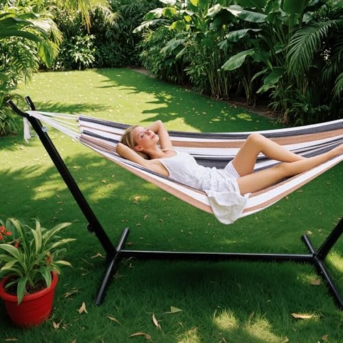 Sweetcrispy Double Hammock with Space Saving Steel Stand Heavy Duty 2 Person Standing Hammocks 450lb Capacity for Outside Garden Yard with Portable Carrying Bag