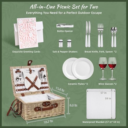 Picnic Basket for 2, Bridal Shower Gift Wedding Gifts with Mr Mrs Wine Glasses and Greeting Card, Engagement Newly Weeding Gifts for Couples 2026, Wicker Picnic Set Kit with Blanket Cooler for Beach - color: Wedding Gift Style Grey