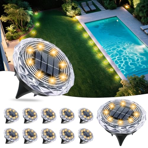Solar Ground Lights, Solar Disc Light Outdoor Waterproof,Landscape Lighting Garden Lights for Pathway, Yard, Deck, Lawn, Patio, Swimming Pool,Walkway(Warm, 12Pack) - color: Warm colors, size: 12 Pack