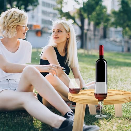 Wooden Outdoor Folding Wine Table with Glass Holder Portable Picnic Table for Beach Camping Patio Lawn