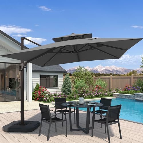 10x10 FT Cantilever Patio Umbrella with Base Included Double Top Outdoor Square Large Heavy Duty Aluminum Offset Umbrellas with 7 Level Tilt 360-degree Rotation for Pool Garden Deck,Grey - color: Grey, size: 10' X 10' - Weighted Base Included