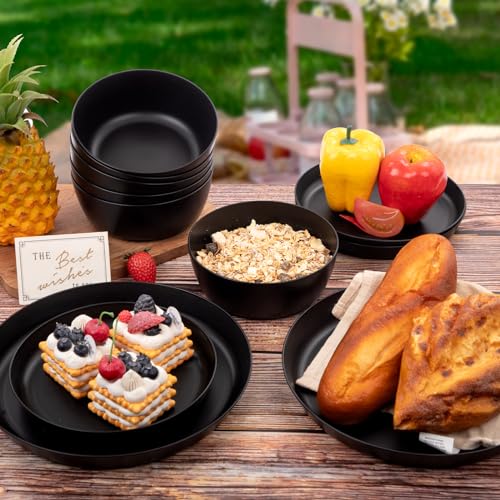 EI 12pcs Wheat Straw Dinnerware Set of 4,Plates and Bowls Sets,Plastic Plate Reuasble Unbreakable,Heavy Duty Plastic Plates for Camping,Picninc,Family Dinner - color: Black Wheat Straw Plates and Bowls