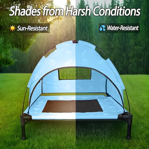 Elevated Covered Dog Bed - 36" x 36" x 30" - Dog Shade Canopy Lounger for Small & Large Dogs (Up to 110 lbs) - Portable & Durable - Cooling, UV & Water Resistant with Mesh Windows - Pastel Blue - color: Pastel Blue