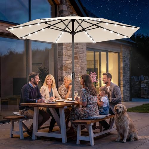 AreShark 11FT Large Patio Umbrella with Solar Lights, Lighted Solar Umbrella with Crank, Outdoor Table Market Umbrellas for Garden, Deck, Backyard, Pool and Beach, Cream-White - color: Cream-White, size: 11 Ft
