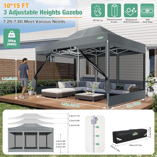 COBIZI 10x15 Heavy Duty Pop-Up Canopy Tent With Sidewalls, Waterproof Easy Setup, Mosquito Netting, Outdoor Instant Screen for Parties, Wedding, Backyard - Carry Bag Included, Gray - color: Gray, size: 10x15ft
