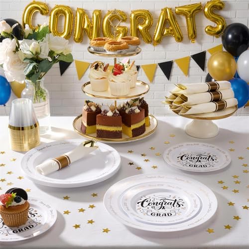 Goodluck 350 Piece Graduation Gold Plastic Dinnerware Set for 50 Guests, Congrats Grad Disposable Plates Include: 50 Dinner Plates, 50 Dessert Plates, 50 Cups, 50 Pre Rolled Napkins with Silverware - color: White, style: 350 Piece (50 guests)