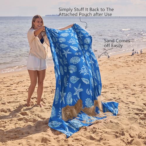 WEKAPO Beach Blanket Waterproof Sandproof Oversized, Extra Large Beach Mat Sand Free, Lightweight & Compact Sand Free Mat with 5 Stakes & 4 Corner Pockets - color: Blue Sea Shells, size: 11 x 9 FT (1～9 person)