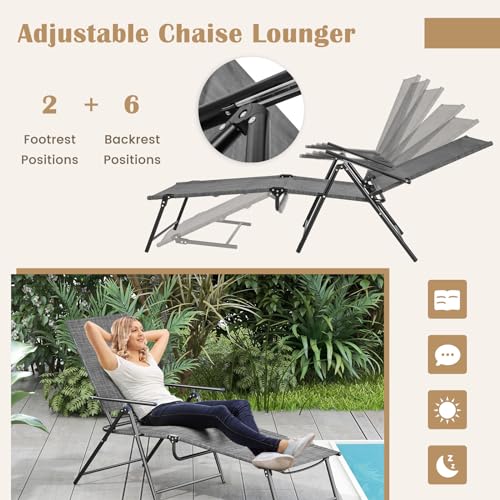 Giantex Lounge Chair Outdoor Set of 2 - Tanning Chair with 6 Adjustable Backrest, 2-Level Footrest, Folding Sunbathing Lounger for Patio, Poolside, Yard, Chaise Lounge Chair, Beach Chair (Grey) - color: Grey
