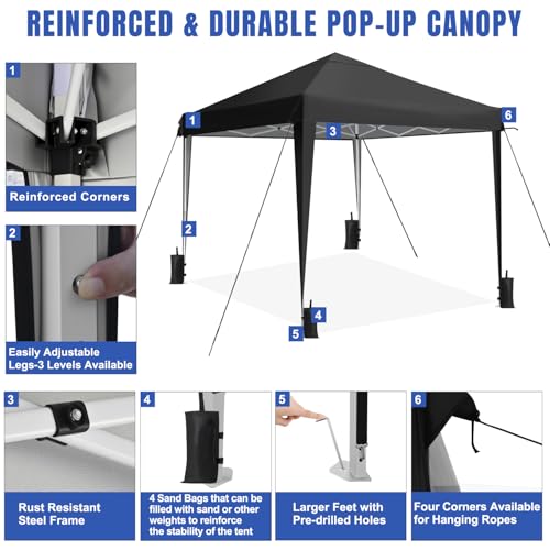 Yesker 10x10 Pop Up Canopy Tent UPF 50+ Waterproof Outdoor Canopy Portable Folding Easy Setup Gazebo Adjustable Height Instant Sun Shade Tent with Wheeled Bag for Events Parties Camping Patio, Black - size: 10x10FT Black