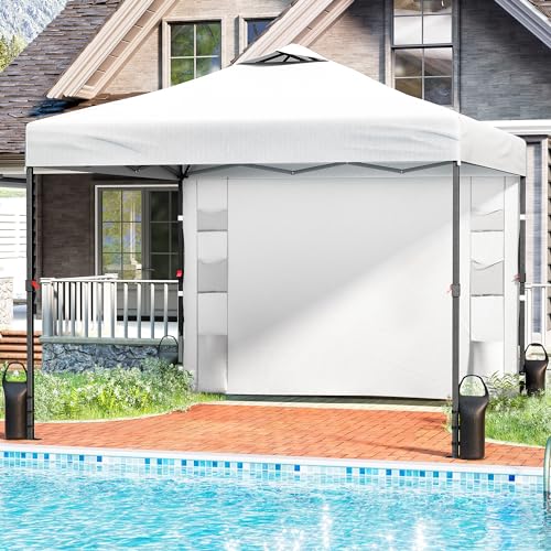 Tunbne 10'x10' Pop Up Canopy Tent with 1 Sidewall and 6 Pockets, One Push Setup, Instant Shade Tent with Vented Roof for Beach Patio Outdoor, Case, 8 Stakes, 4 Ropes, 4 Sandbags (White) - color: White, size: 10x10