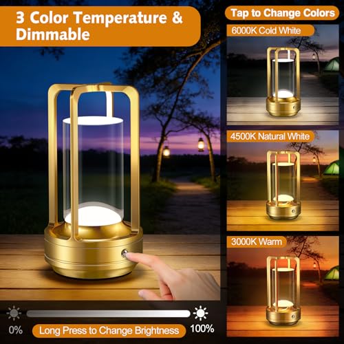 Portable Table Lamp for Outdoor Indoor: Cordless Rechargeable Desk Lamp with 3 Color Stepless Dimmable - Metal Battery Operated Lantern Light for Bedroom/Bar/Coffee Shop/Camping (Gold (2 Pack)) - color: Gold (2 Pack)