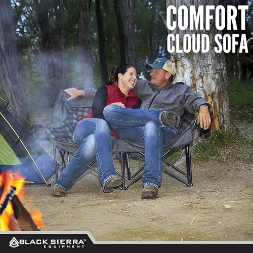 Black Sierra Double Loveseat Comfort Camping Couch, Oversized Folding Chair for Adults, 600‑lb Capacity, Plush Padded Heavy Duty Outdoor Seat with Cup Holders & Carry Bag for Beach, RV | Double loveseat, 600 lb capacity, Padded comfort, Outdoor ready, Cup
