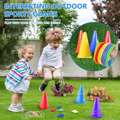 OBTANIM 26 Pcs Plastic Colorful Cones Ring Toss Combo Set Outdoor Carnival Games for Kids Adults Birthday Party Throwing Backyard Games - style: Cones Ring with Bean Bags