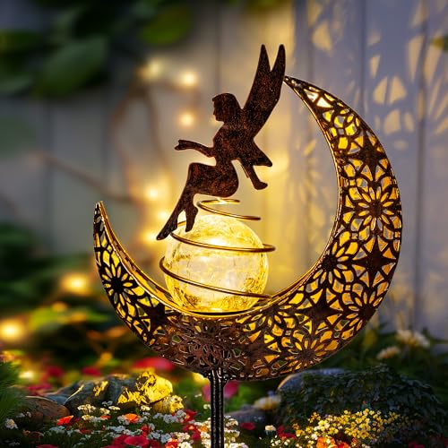 Fairy Garden Solar Lights Outdoor Decor, Moon Garden Stakes, Waterproof Outdoor Metal Decorations Gifts for Women and Mom, Art Moon Sculpture for Walkway, Yard, Patio, Garden and Porch, 1 Pack - size: 1