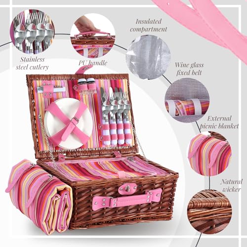 Picnic Basket Set for 4 with Waterproof Blanket Mat Insulation Bag Wicker Pink Stripe Classic Fresh Gift for Christmas Thanksgiving Wedding Birthday Camp Outdoor Beach Travel - color: Pink Stripes
