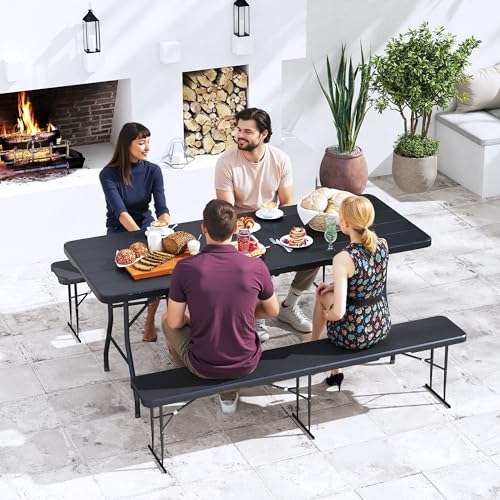 Real Relax 6' Picnic Table with 2 Benches, 3 Piece Black Wood Grain Portable HDPE Folding Camping Table and Benches for Courtyard, Garden, Outdoor Leisure, Party - color: Black