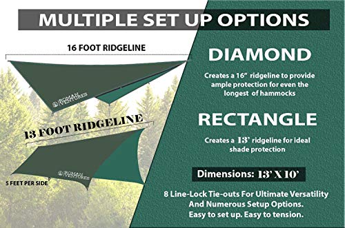 13 Foot Rain Fly for Hammock –Light Weight, Diamond-Ripstop Polyester Hammock Rainfly- 2000 PU Waterproof Eno Rain Cover– Rainfly Backpacking Tarp (13 Foot Rectangle)