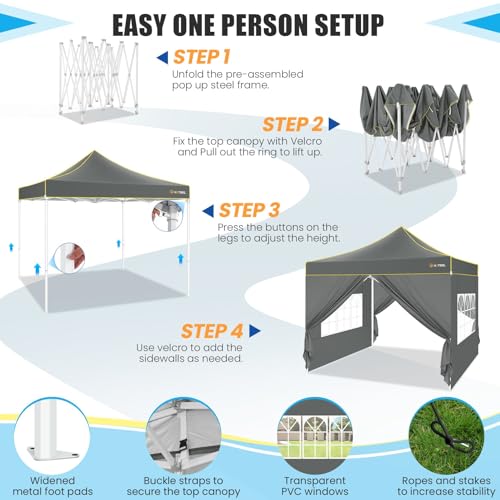 HOTEEL Pop Up Canopy Tent 10x10 with Sidewalls, Commercial Instant Waterproof Canopy for Vender Patio, UV 50+ with Silver Coated, Upgraded Thickened Hexagonal Legs, Gray - color: Gray, size: 10x10FT (+4 Walls)