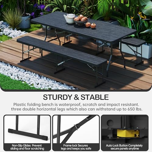 VSOAEIL 6 Foot Folding Bench, Portable Plastic Folding Bench Seat, Foldable Seat for Indoor Outdoor Picnic Camping Dining, Soccer Garden Multipurpose Entertaining Activities, Black, 2 Pack - color: Black, size: 2 Pack
