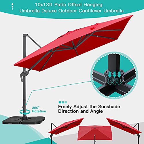 Sunnyglade 10x13Ft Cantilever Patio Umbrella Rectangular Deluxe Offset Umbrella 360°Rotation & Integrated Tilting System Patio Hanging Umbrella for Market Garden Deck Pool Backyard Patio(Red) - color: Red, size: 10 x 13 ft