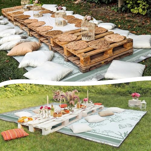 Hahafelt 91x 71 in Extra Large Outdoor Picnic Blanket with Waterproof Mat Oversize Beach Woven Cotton Yarn Blanket with Fringe Machine Sandproof for Spring Summer Camping Beach Park(Plants,Green) - color: Green