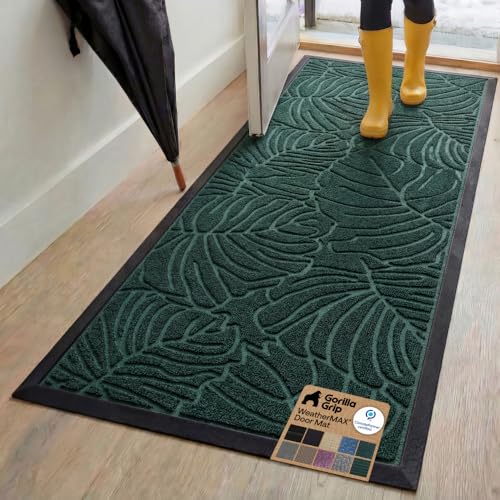 GORILLA GRIP 100% Waterproof All-Season WeatherMAX Doormat, 72x24, US Designed Natural Rubber, Stain and Fade Resistant, Low Profile Indoor Outdoor Door Mats, Easy Clean Patio Mat, Green Palm - color: Green Palm, size: 72" X 24"