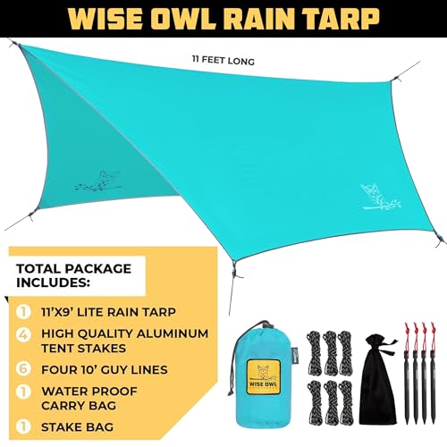 Wise Owl Outfitters Hammock Rain Fly – Waterproof Camping Tarp Cover with Tent Stakes & Carry Bag, Ultralight Shelter for Backpacking & Outdoor Shade - color: Light Blue, size: Standard (26 oz)