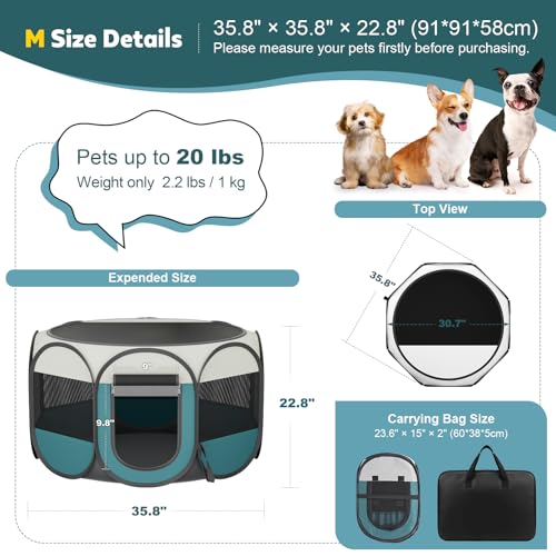 Portable Pet Playpen for Cat Dog - Foldable Medium Pet Play Pen with Removable Zipper Top for Cat Small Dog Enclosed - Pop Up Puppy Kitten Kennel with Carrying Case for Indoor Outdoor Travel Camping - style: M [35.8" × 35.8" × 22.8"]