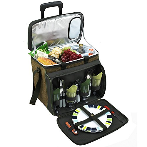 Picnic at Ascot Original Insulated Picnic Cooler with Service for 4 on Wheels-Designed & Assembled in the USA - color: Green