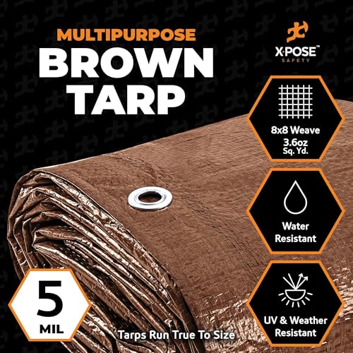 Multipurpose Protective Cover Brown Poly Tarp 9' x 12' - Durable, Water Resistant, Weather Resistant - 5 Mil Thick Polyethylene - by Xpose Safety - color: Brown, size: 9 Feet x 12 Feet
