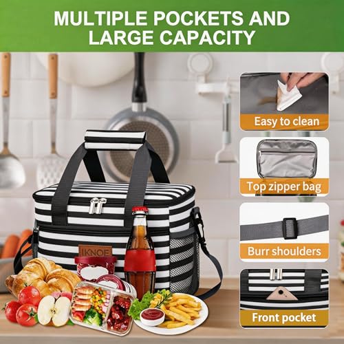 iknoe Insulated Lunch Bag, Foldable 8.5L Cooler Bag for Men & Women, Leakproof Thermal Design, Great for Office, Picnic, Travel, Lunch Box, Stripe - color: Stripes, size: Medium