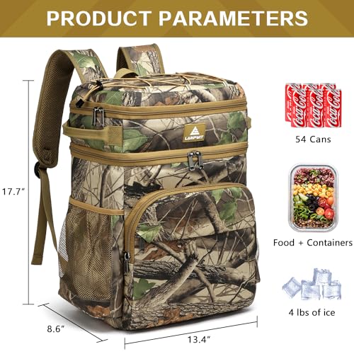 Laripwit Picnic Backpack Cooler - 54 Cans Large Soft Camo Lunch Backpack Bag Insulated Leakproof with Double Deck Compartment - color: Camo-with Stretchy Strap