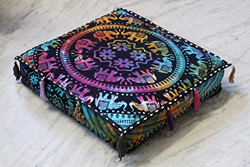 ICC Large Square Cotton Mandala Cushion Cover Hippie Ottoman Pouf Cover Daybed Floor Pillow Cover with Heavy Duty Zipper Seating Ottoman Poufs Dog-Pets Bed (Multi UP Elephant, 18" Square) - color: Multi Up Elephant, size: 18" x 18" (Pack of 1)