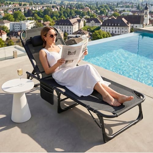 ABORON 3-in-1 Folding Patio Lounge Chair, 440LB Heavy-Duty Tri-Fold Guest Bed with Plush Cotton Cushion, No Assembly Adjustable Recliner for Office Nap, Patio Sunbathing, Poolside & Camping - color: Jet Obsidian