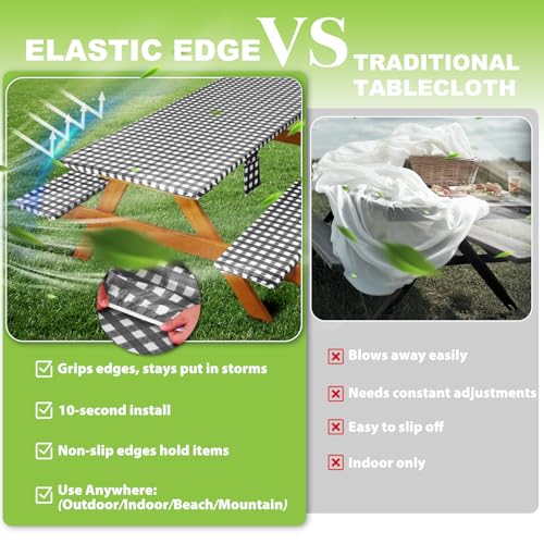 Fitted Picnic Table Cover with Bench Covers Waterproof Elastic Edges Rectangle Patio Tablecloth Outdoor Camping Essentials Stuff Rv Accessories Summer Trip Travel Supplies Party Camper Gifts, 8 ft - color: Black White Grid, size: 96in