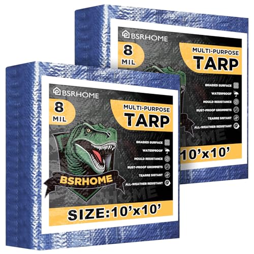 Tarps Waterproof 10x10 Feet, 2 Pack Heavy Duty Blue Tarp Cover 8 Mil Thick, Resistant Plastic Tarpaulin with Metal Grommets, Outdoor Tent Cover for Emergency Rain - color: Blue-8mil, size: 10'x10' 2pk