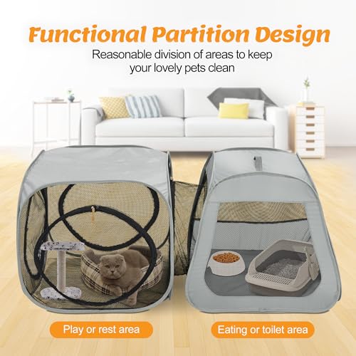 Portable Cat Playpen, Trapezoidal Design for Better Standing, Foldable Pet Tent for Indoor and Outdoor Use of Kitten and Puppy, Dog Play Enclosure with Removable Bottom, Cat Houses & Condos - color: Grey-Cube with Fabric