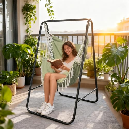 Hammock Chair with Stand,Heavy-Duty Hammock Stand with Large Indoor Swing,MAX Load 500 LBS,Hanging Chair with Stand for Indoor Outdoor,Swing Chair with 2 Cushions Included(Green) - color: Green