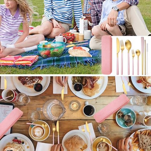 AARAINBOW 6 Pieces Stainless Steel Flatware Set Portable Reusable Cutlery Set Travel Utensils Set Including Chopsticks Knife Fork Spoon Straws Cleaning Brush Dishwasher Safe (B-Pink golden) - color: B-Pink golden