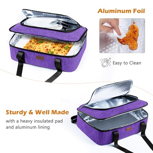 BAGSPRITE Insulated Casserole Carrier for Hot or Cold Food with Heat-resistant Mat, Casserole Dish Carrier Insulated Food Carrier, Hot Food Carrier, Foil Pan Carrier Fits 9" x 13" Baking Dish - color: Purple, size: Style A