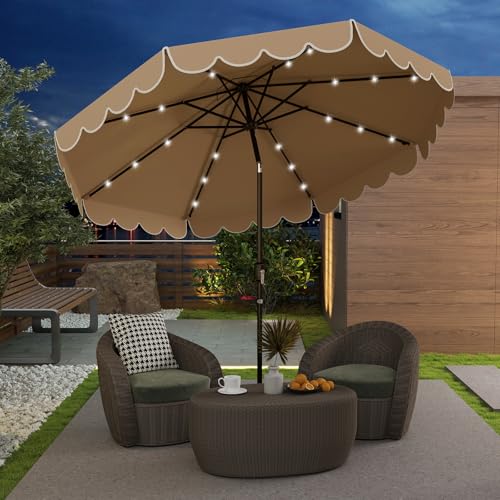 Tangkula 9 FT Solar Patio Umbrella, 2-Tiers Scalloped Outdoor Table Market Umbrella with 32 LED Lights, Vented Top, Tilt Adjustment, Crank, 8 Ribs for Backyard Poolside Deck Beach Lawn (Coffee) - color: Coffee, size: 9Ft