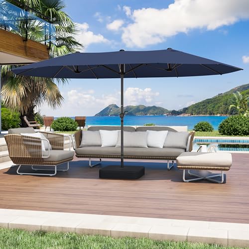 GDPFN 15ft Patio Umbrella with Base Include, Large Outdoor Double-Sided Rectangle Umbrella with Easy Crank Handle for Poolside, Garden & Deck - Navy Blue - color: Navy Blue, size: With Base-no Led